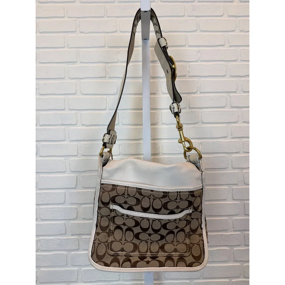 Coach Signature Jacquard Flap Shoulder Bag Beige White Crossbody